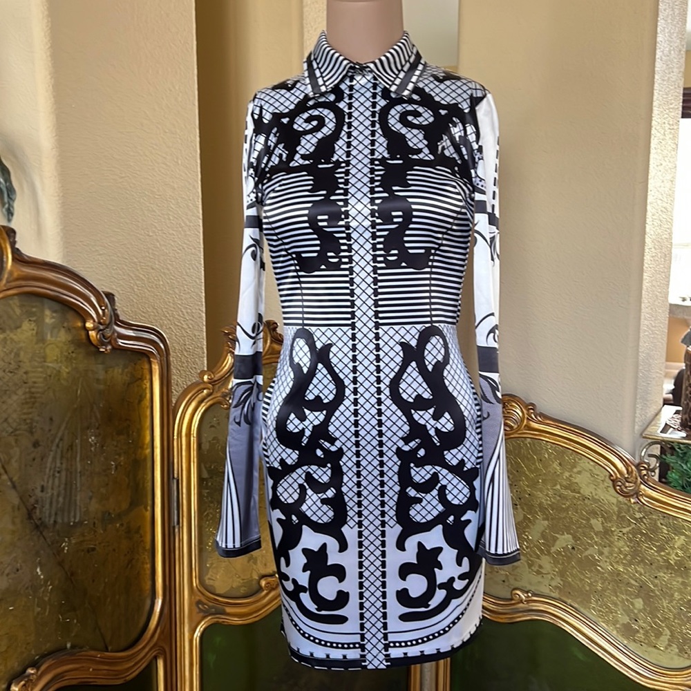 Beautiful, geometric, black and white stretch to fit mini dress with collar